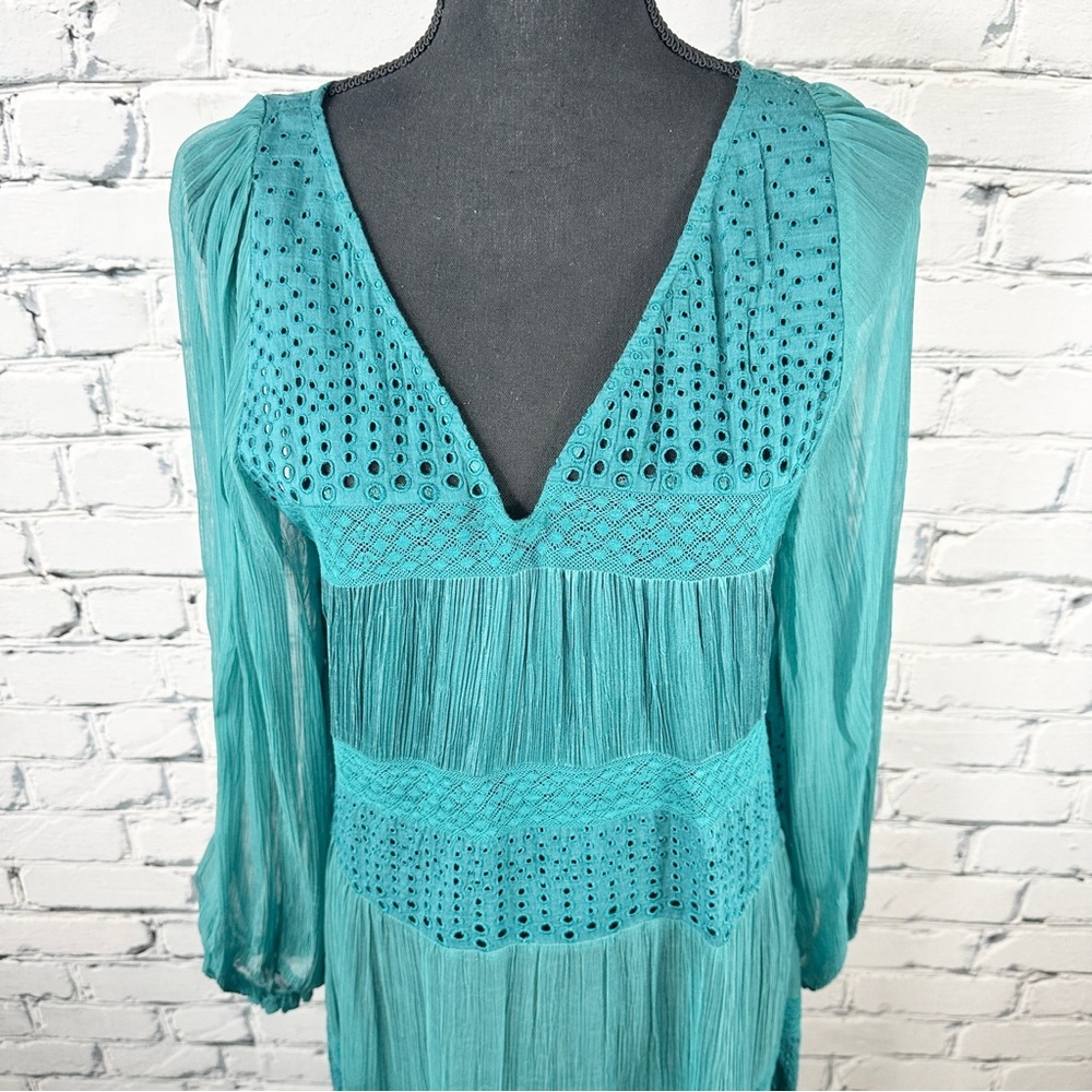 Sundance Adore Moi Long Sleeve Midi Dress Medium Pacific Teal Tiered Sheer Boho - Picture 5 of 12